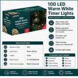 100 LED warm white battery timer Christmas lights specifications