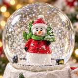 Detail of the snowy village base on the 15cm musical snowman snow globe