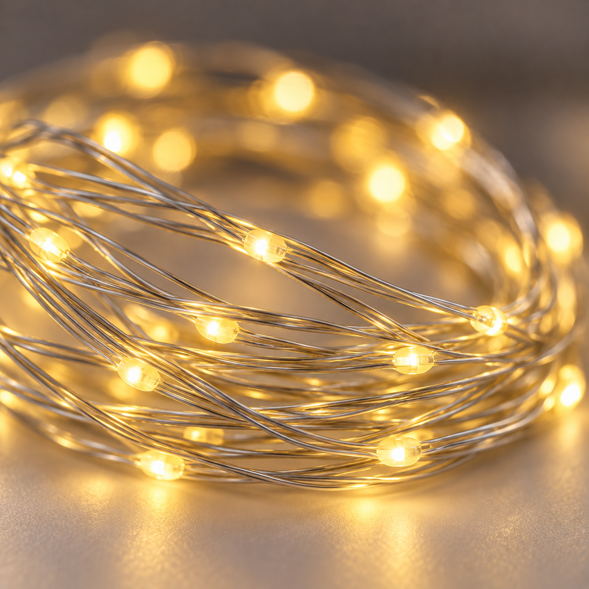 Close-up of warm white USB LED string lights on silver wire