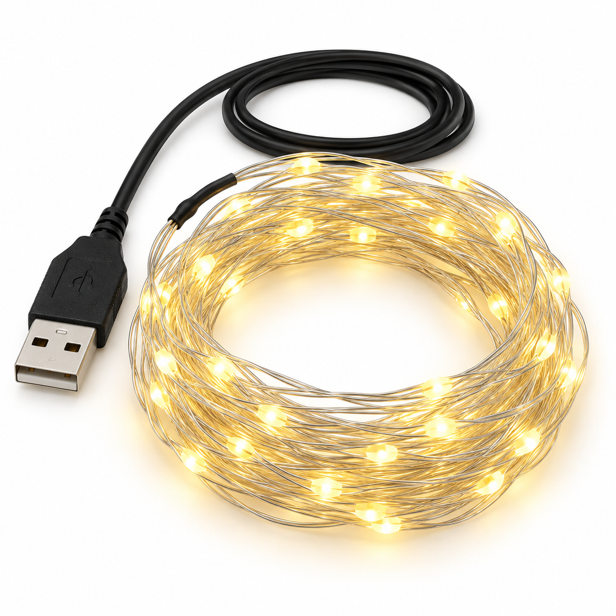 20 warm white USB LED string lights on silver wire with USB plug