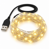 20 warm white USB LED string lights on silver wire with USB plug
