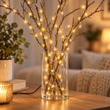 Warm white USB LED string lights used around an indoor window