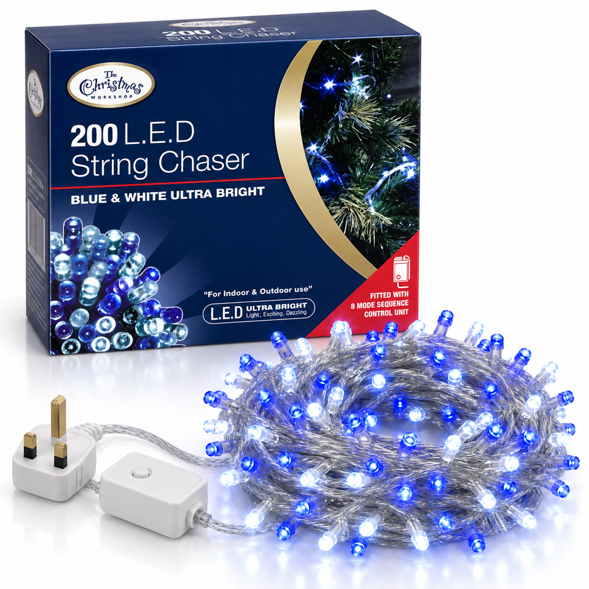 The Christmas Workshop 200 blue and white LED string chaser lights with retail box