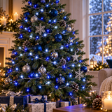 Blue and white LED chaser Christmas lights displayed on a Christmas tree