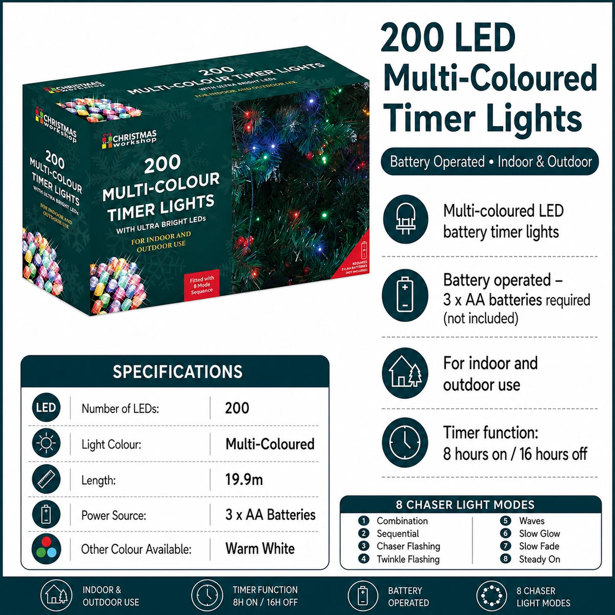 200 LED multi coloured battery timer Christmas lights specifications