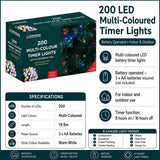 200 LED multi coloured battery timer Christmas lights specifications