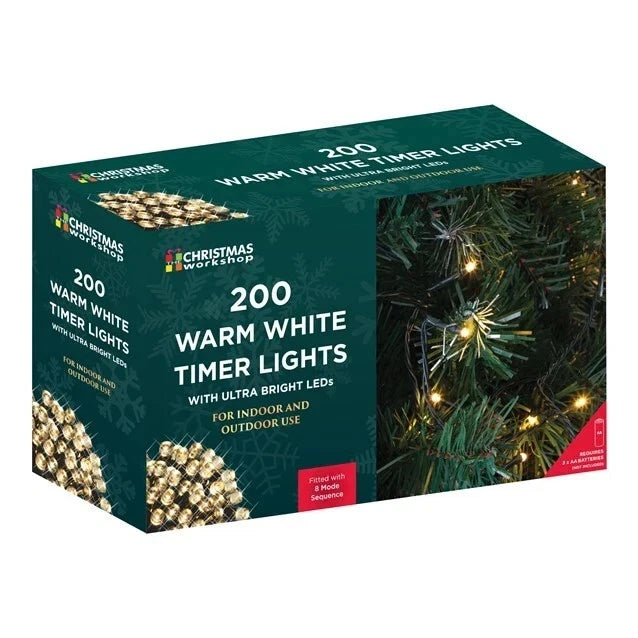 200 LED warm white battery timer Christmas lights box