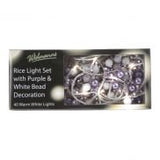 40 warm white LED rice lights with purple and white beads