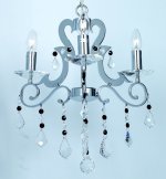 Chrome three-light chandelier with black and clear crystal droplets
