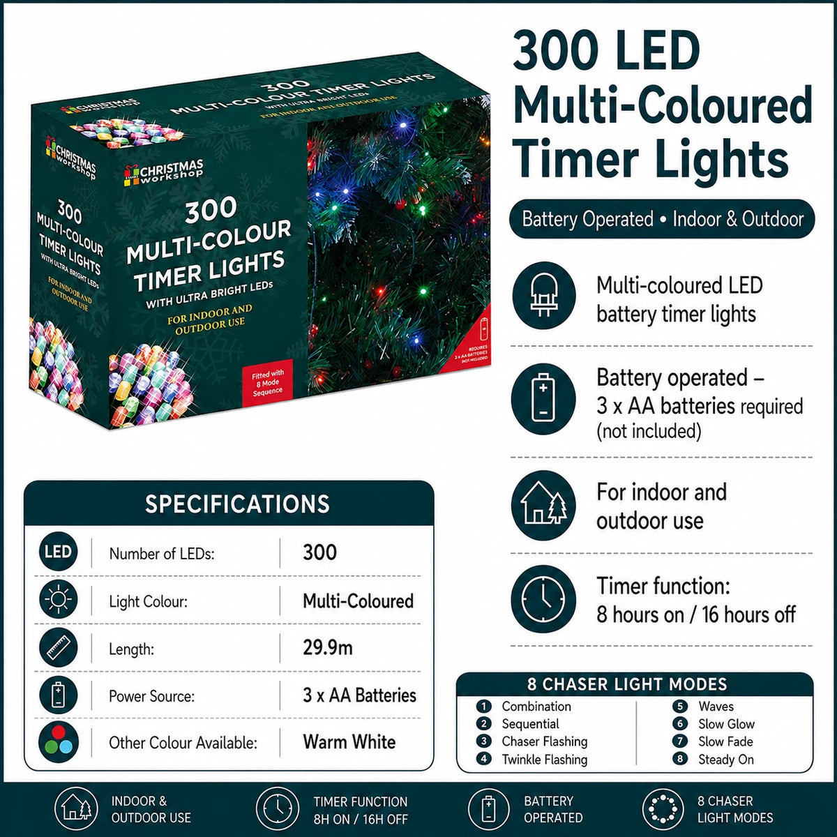 300 LED multi coloured battery timer Christmas lights specifications