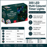 300 LED multi coloured battery timer Christmas lights specifications