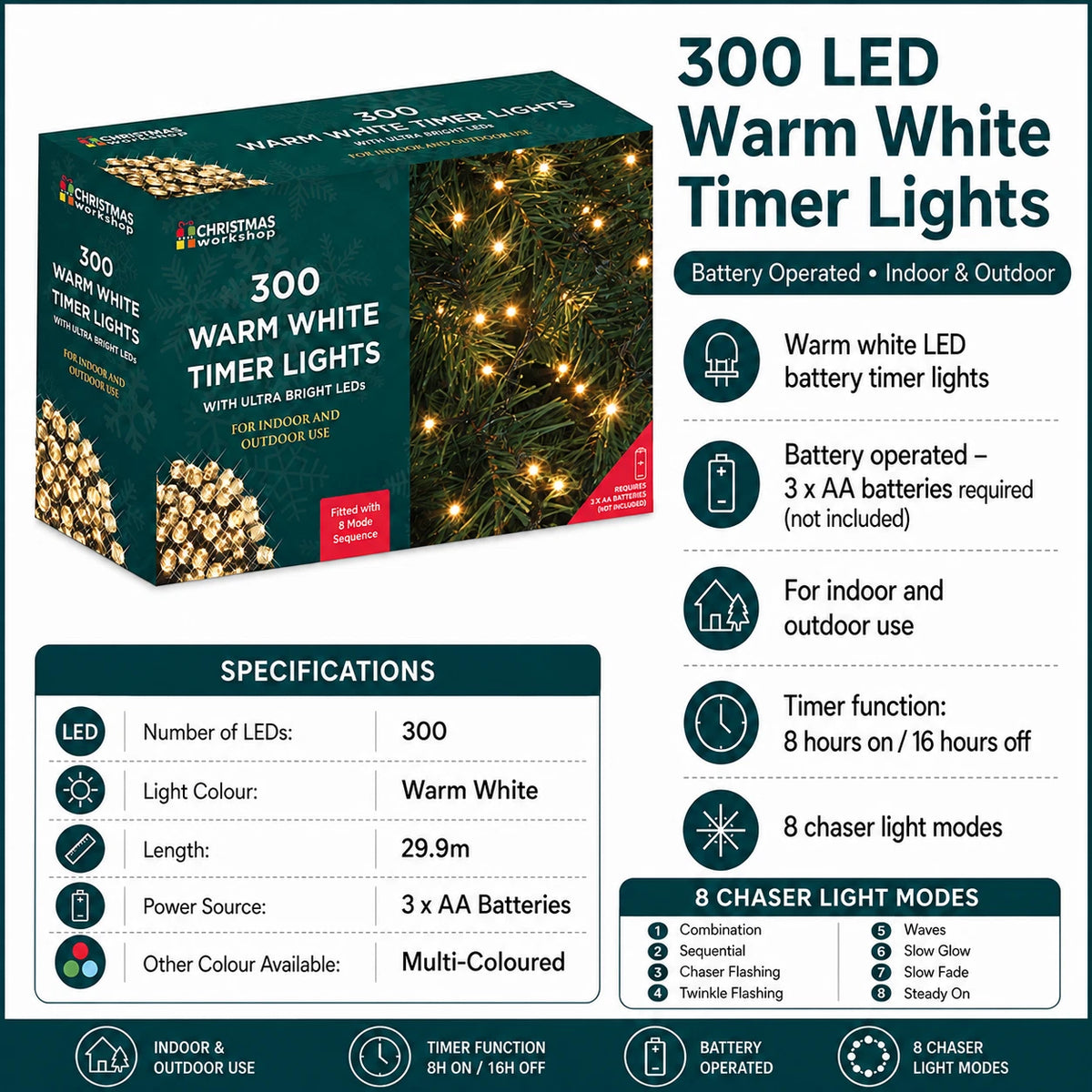 300 LED warm white battery timer Christmas lights specifications