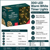 300 LED warm white battery timer Christmas lights specifications
