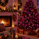 300 pink LED chaser Christmas lights in an outdoor festive display