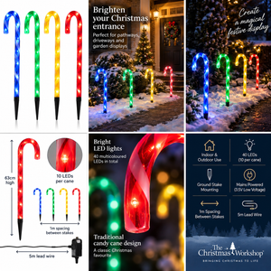 Set of four multicoloured LED candy cane Christmas stake lights, 63cm high