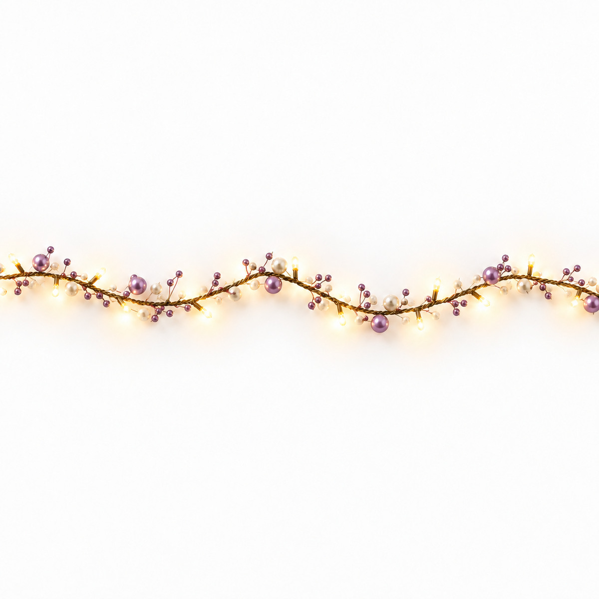 Full product view of 40 warm white LED garland with lilac and white pearl beads