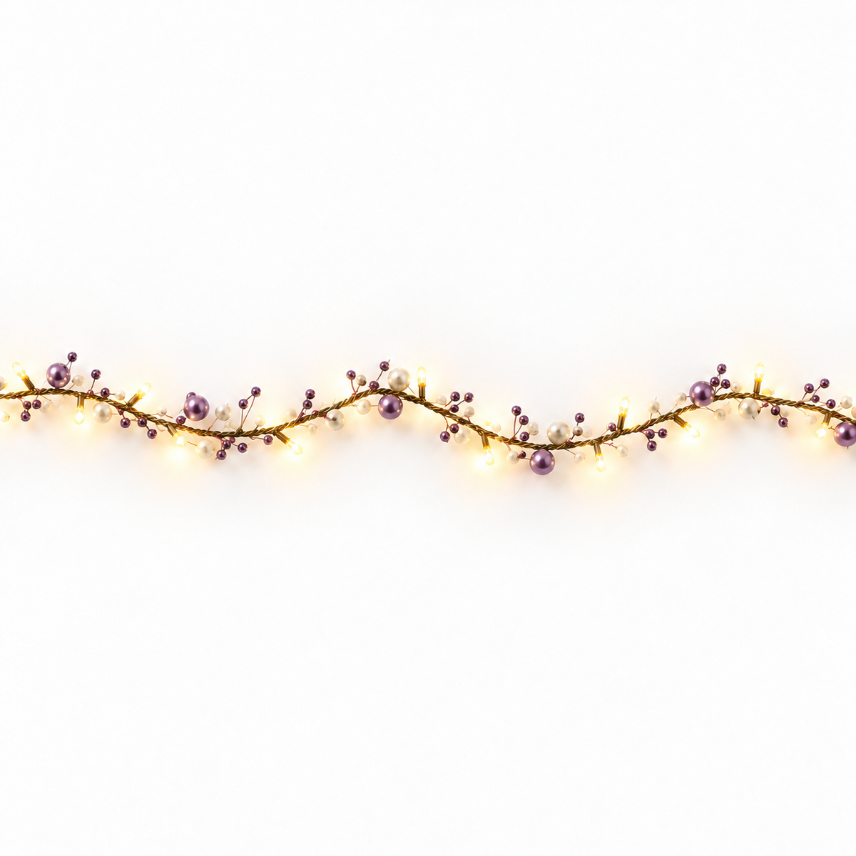 40 warm white LED garland with lilac and white pearl beads on a white background