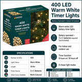 400 LED warm white battery timer Christmas lights specifications