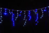 100 blue and white battery-operated icicle lights on clear cable, 2.4m