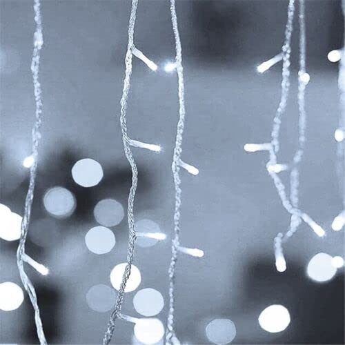 100 white battery-operated icicle lights on clear cable, 2.4m