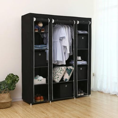 Generic Fabric Canvas Wardrobe Organizers Clothes Rail Shelves Storage Closet Triple (Black), 63-64-65-66A