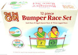 Traditional garden race games set with sacks egg and spoon and race bands