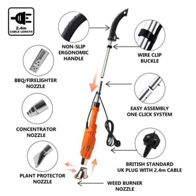 My Garden Electric Weed Burner 2000W Thermal Wand Hot Air Torch with 4 Nozzles Garden Outdoor Weed Burner Moss Killer Kill Weeds from Roots 2 Heat Settings Up to 650°C 2.4 Meter Cable with UK Plug