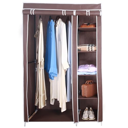 Amal brown tall double canvas wardrobe with rail and shelves – 172cm