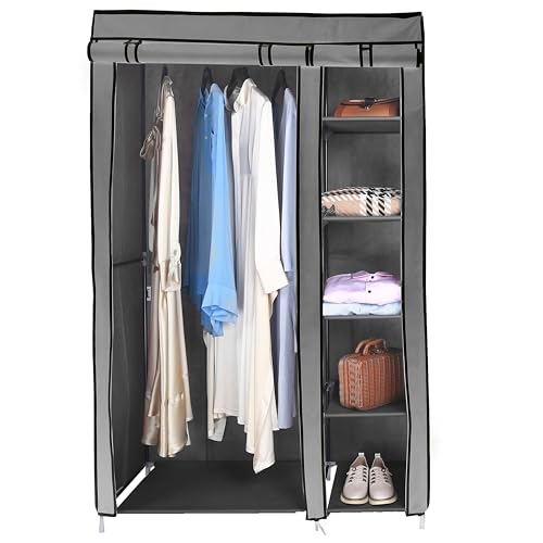 Amal grey tall double canvas wardrobe with rail and shelves – 172cm