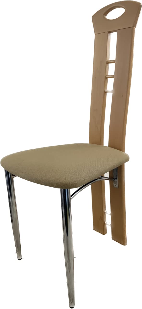 Beech wood dining chair with padded fabric seat and chrome legs