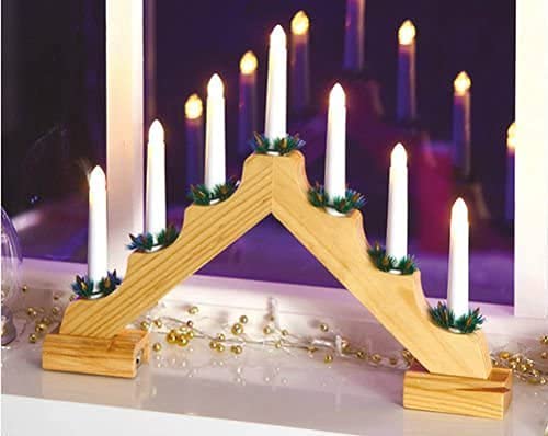 Traditional Wooden Christmas Candle bridge Arch 7 Warm White Flameless LED Candles Christmas Window Decoration Or Table Decoration Low Voltage Mains Operated (Pine)