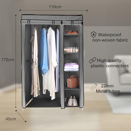 Amal grey tall double canvas wardrobe with rail and shelves – 172cm