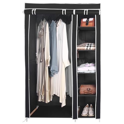 Amal black tall double canvas wardrobe with rail and shelves – 172cm