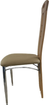 Beech wood dining chair with padded fabric seat and chrome legs