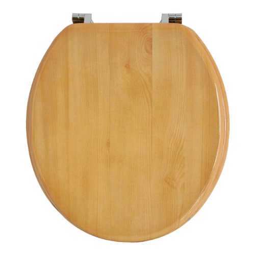 Pine-effect toilet seat with chrome hinges