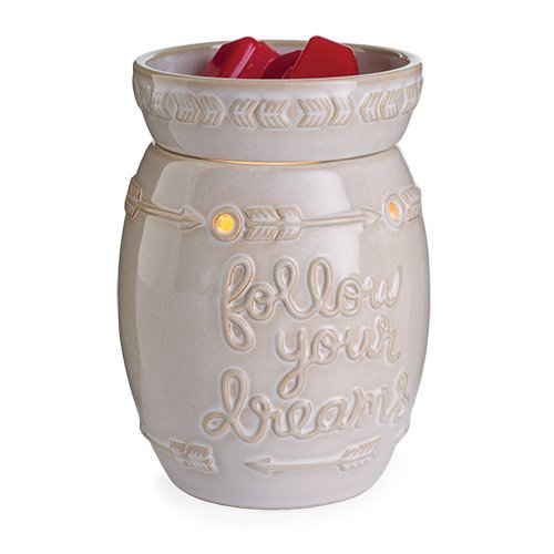 Candle Warmers Etc. Illumination Fragrance Warmer, Follow Your Dreams, featuring a white ceramic jar with red hearts inside, designed for scented wax melts.