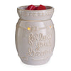 Candle Warmers Etc. Illumination Fragrance Warmer, Follow Your Dreams, featuring a white ceramic jar with red hearts inside, designed for scented wax melts.