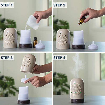 Airomé Home Sweet Home Medium Ceramic Essential Oil Diffuser|100 mL Humidifying Ultrasonic Aromatherapy Diffuser 8 Colorful LED Lights, Intermittent & Continual Mist, Auto Shut-Off, Cream