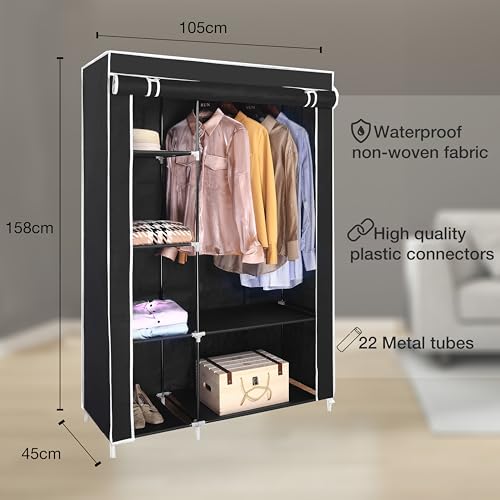AROME PUR black double canvas wardrobe with rail and shelves – 158cm