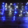 100 blue and white battery-operated icicle lights on clear cable, 2.4m