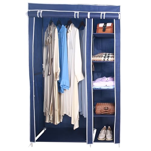 Amal blue tall double canvas wardrobe with rail and shelves – 172cm