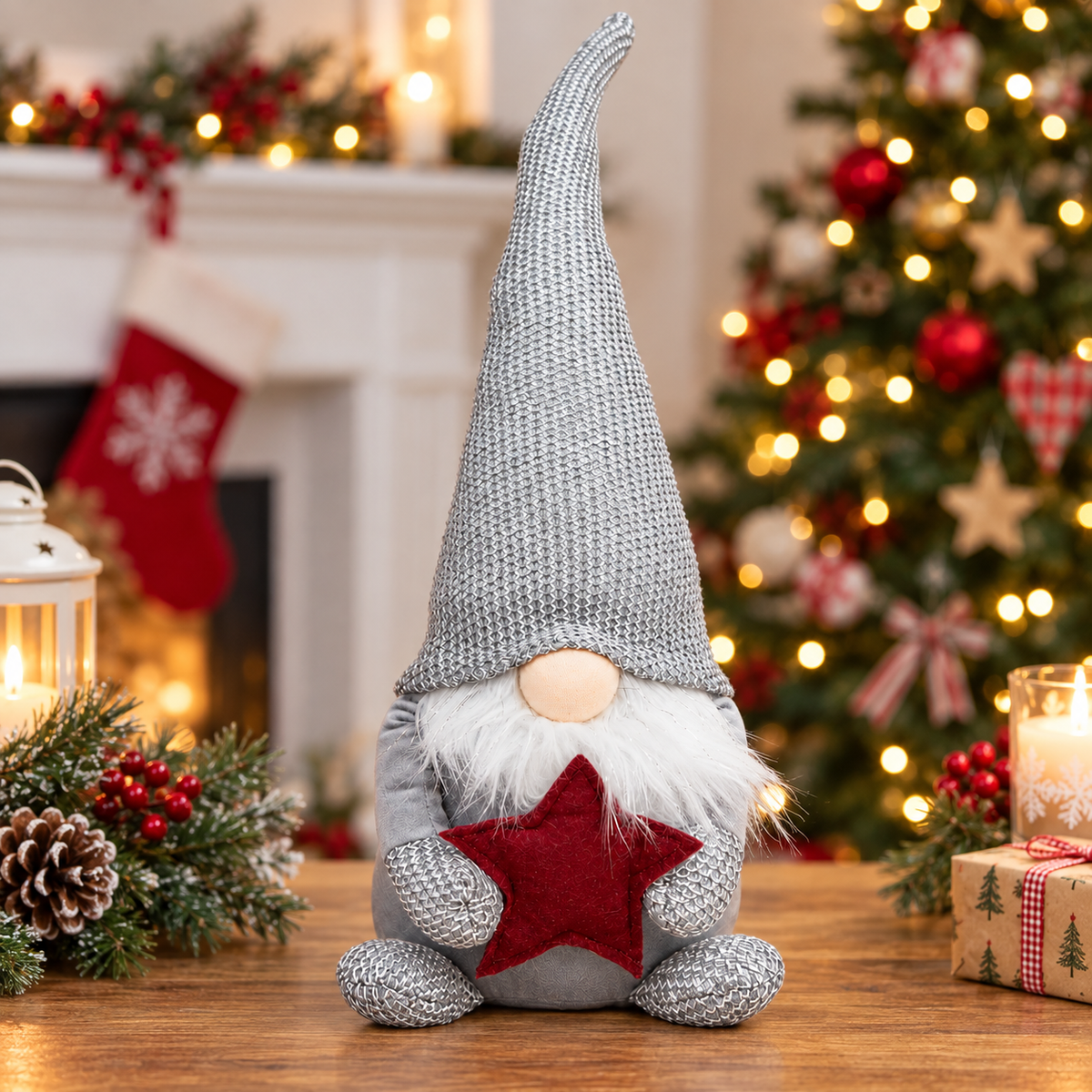 45cm grey seated Christmas gonk holding a red star, angled view