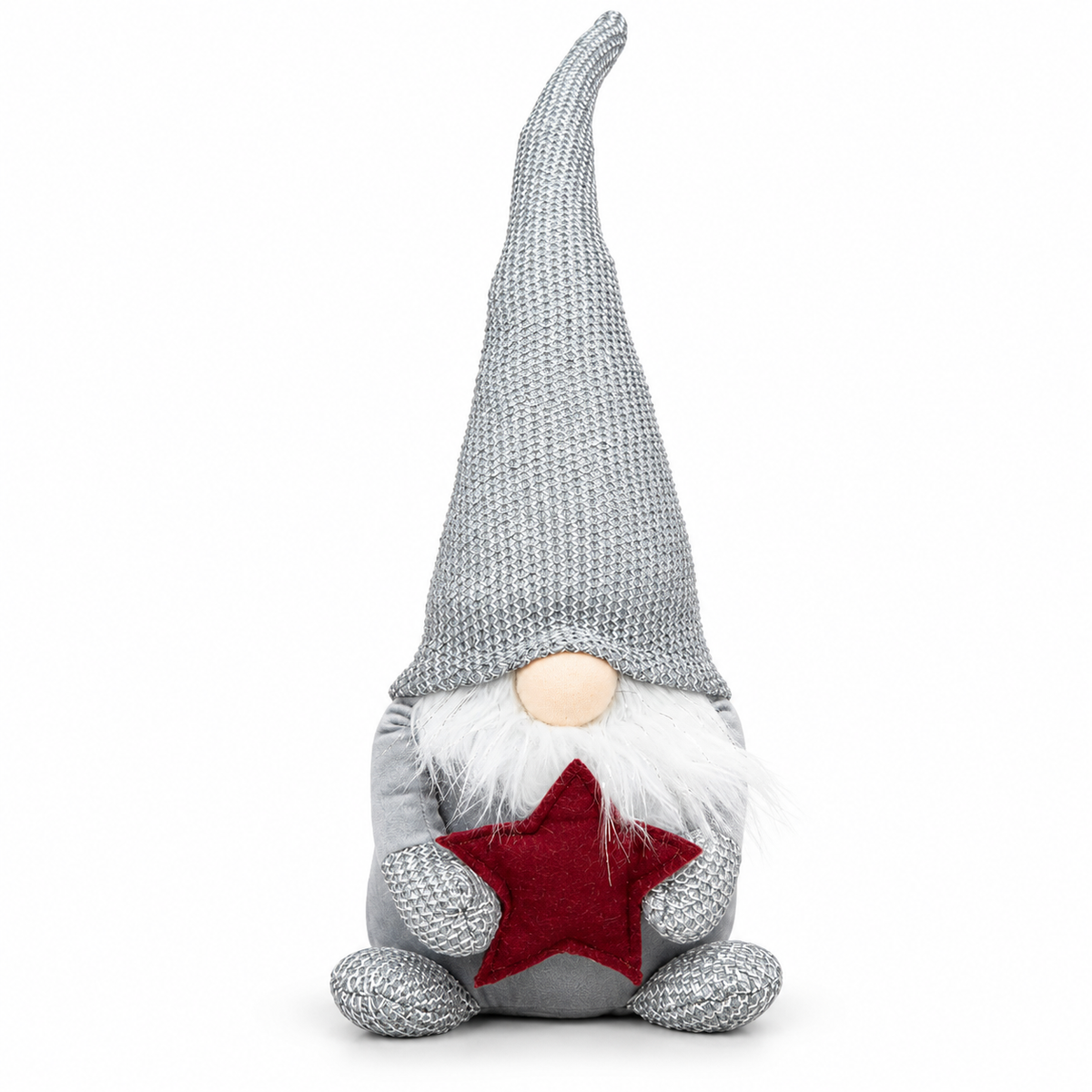 45cm grey seated Christmas gonk gnome holding a red star, front view
