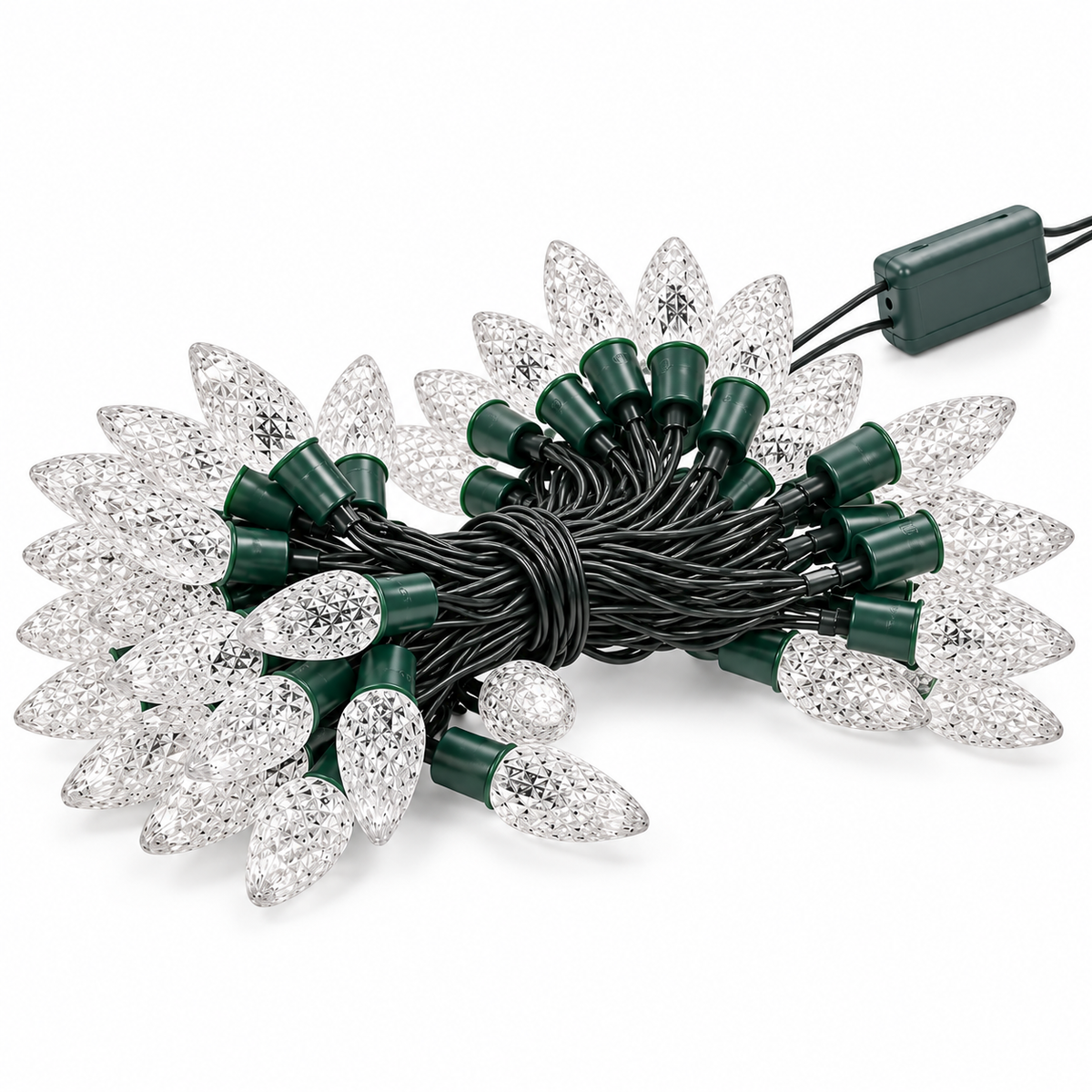 50 clear strawberry LED Christmas lights unlit with dark green cable