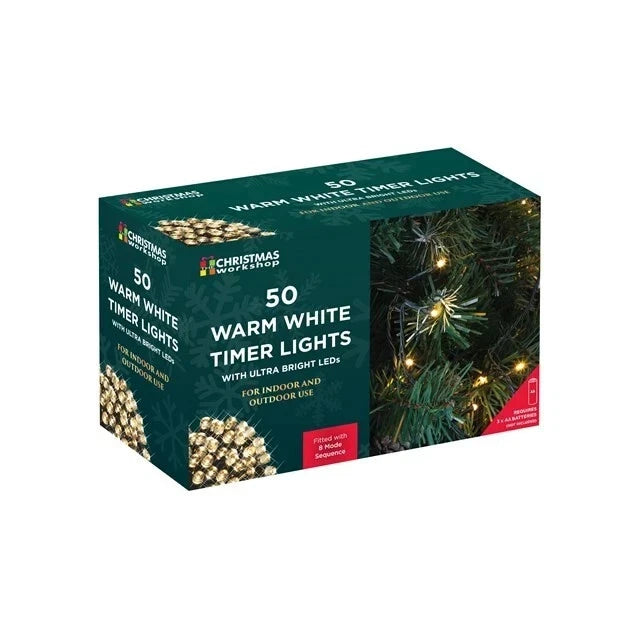 50 LED warm white battery timer Christmas lights box