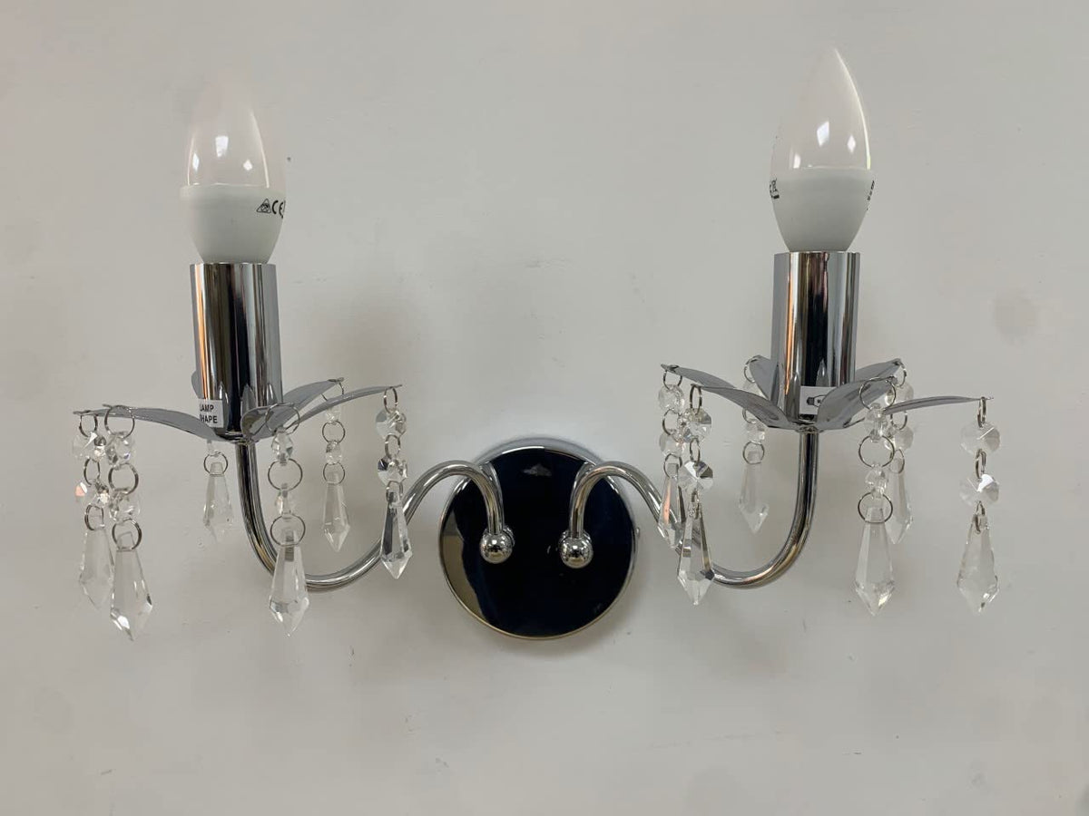 Two-light chrome wall fitting with crystal-style droplets