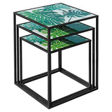 Tropical leaf nest of 3 tables with black metal legs