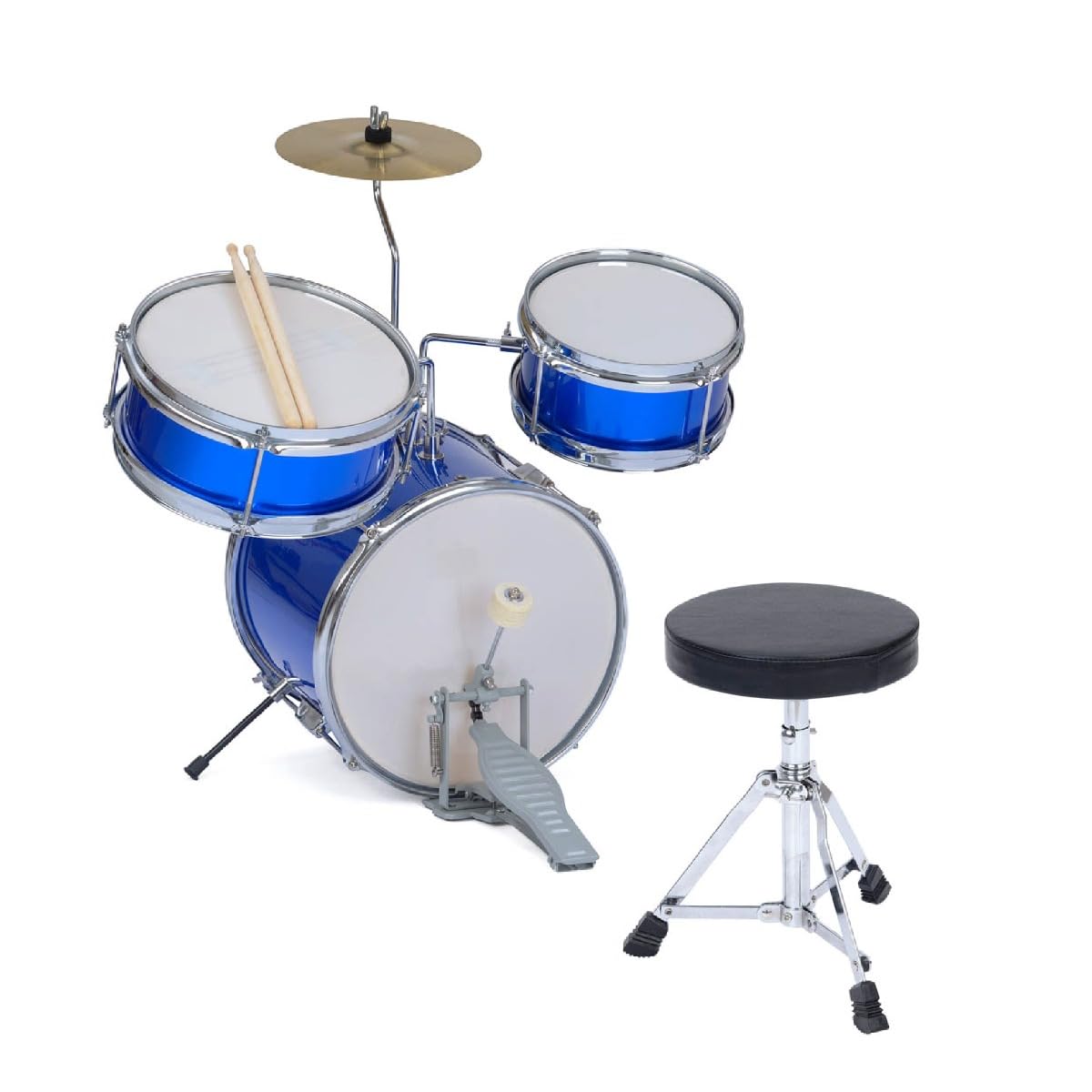 Blue kids 3-piece drum kit with stool, sticks and cymbal