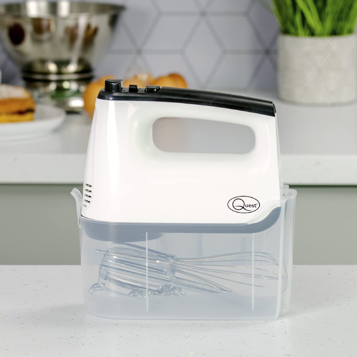 6 Speed Hand Mixer with Storage Case, Beaters, Dough Hooks & Whisk, White - Quest