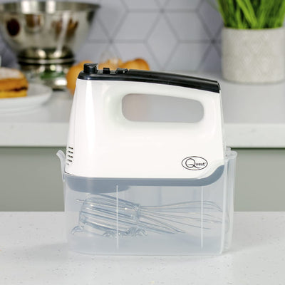 Quest Hand Mixers with Storage Case/Handheld Electric Whisk/Includes Flat Beaters, Dough Hooks & Whisk / 6 Speed Control/Easy One Button Release (White)